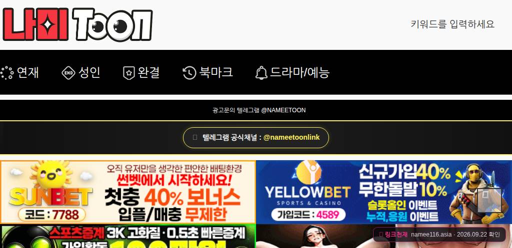 나미툰(namee116.asia) 접속 화면
