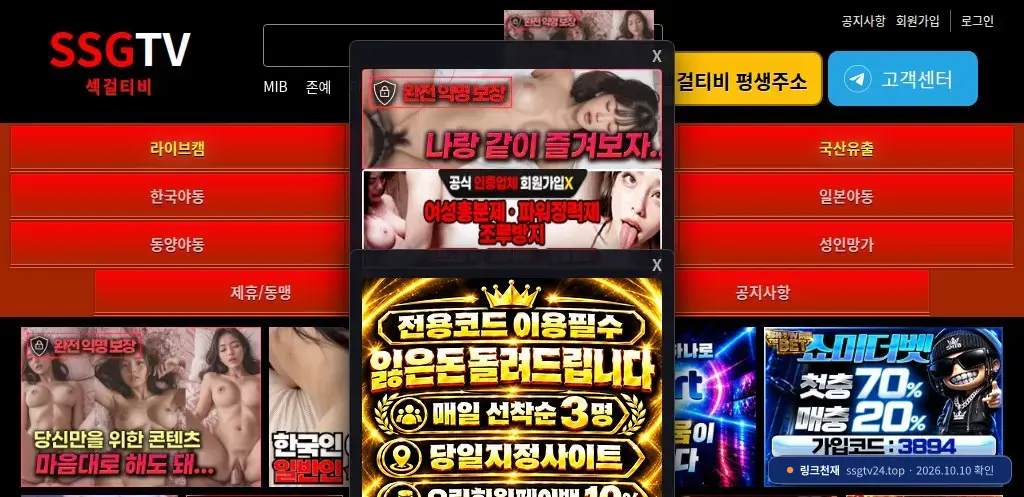 섹걸티비(ssgtv24.top) 접속 화면