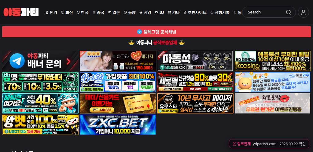 야동파티(ydparty9.com) 접속 화면